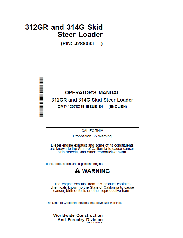 OMT413076X19 John Deere 312GR 314G Skid Steer Loader Manual PDF