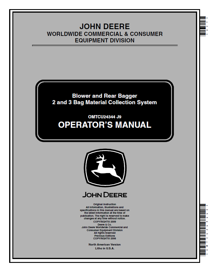 OMTCU24344 - JOHN DEERE J9 BLOWER AND REAR BAGGER 2 AND 3 BAG MATERIAL COLLECTION SYSTEM OPERATOR MANUAL