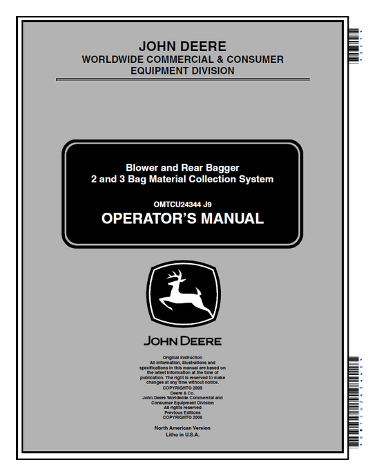 OMTCU24344 - JOHN DEERE J9 BLOWER AND REAR BAGGER 2 AND 3 BAG MATERIAL COLLECTION SYSTEM OPERATOR MANUAL