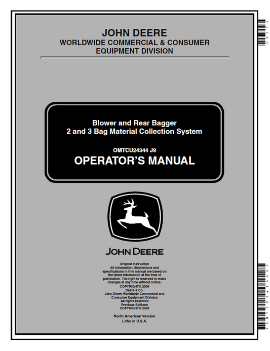 OMTCU24344 John Deere Blower & Rear Bagger 2/3 Bag System Manual