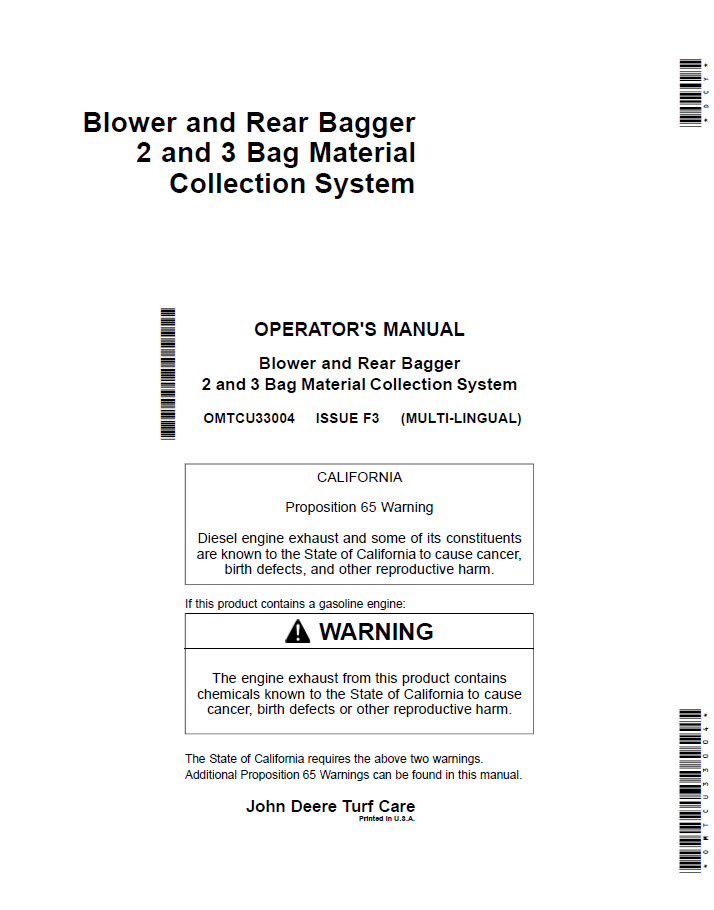 OMTCU24344 John Deere Blower & Rear Bagger Operator Manual Guide