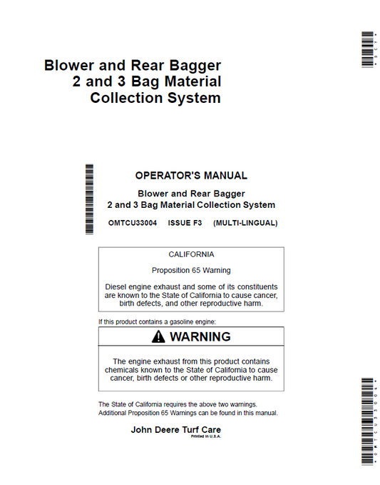 OMTCU24344 John Deere Blower & Rear Bagger Operator Manual Guide