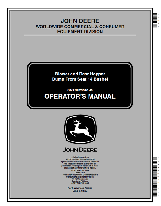 OMTCU25046 John Deere Blower & Rear Hopper Dump 14 Bushel Manual Guide