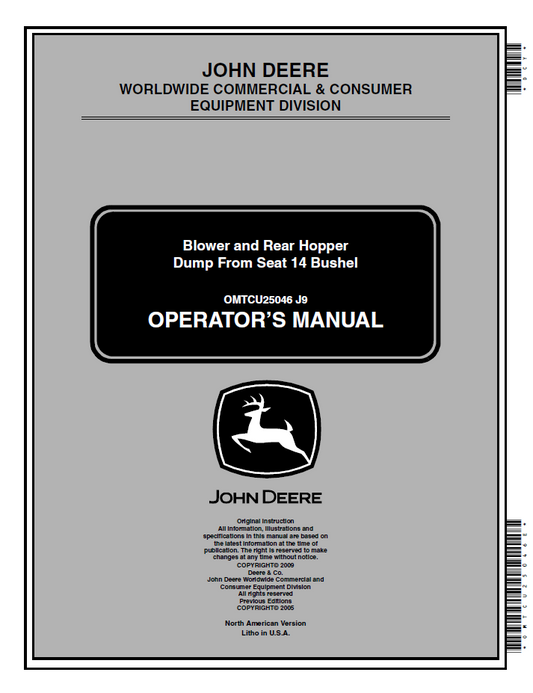 OMTCU25046 John Deere Blower & Rear Hopper Dump From Seat 14 Bushel Manual