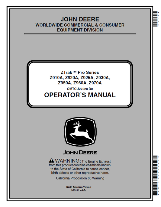 OMTCU27228 John Deere ZTrak Pro Series Z910A-Z970A Operator Manual PDF