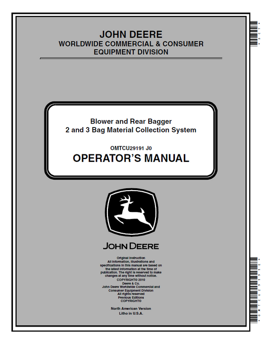 OMTCU29191 John Deere Blower & Rear Bagger 2/3 Bag Operator Manual PDF