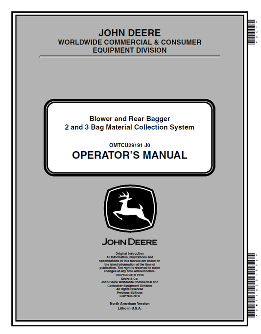 OMTCU29191 John Deere Blower & Rear Bagger 2/3 Bag Operator Manual