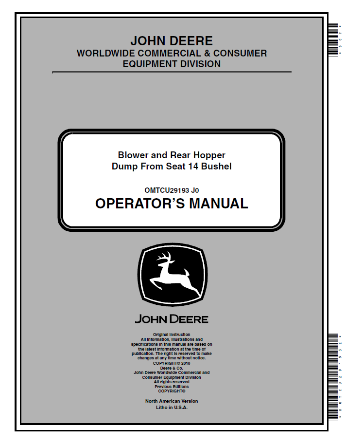 OMTCU29193 - JOHN DEERE BLOWER AND REAR HOPPER DUMP FROM SEAT 14 BUSHEL OPERATOR MANUAL