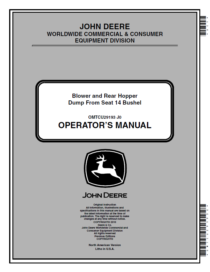 OMTCU29193 John Deere Blower & Rear Hopper Dump From Seat 14 Bushel Operator Manual PDF