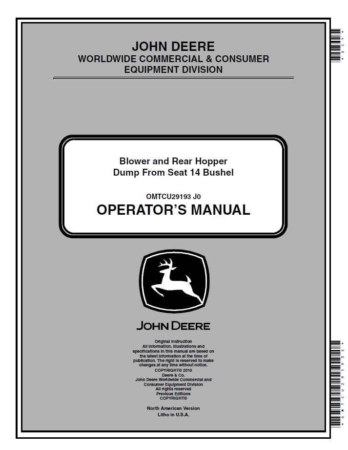 OMTCU29193 John Deere Blower & Rear Hopper Operator Manual 14 Bushel