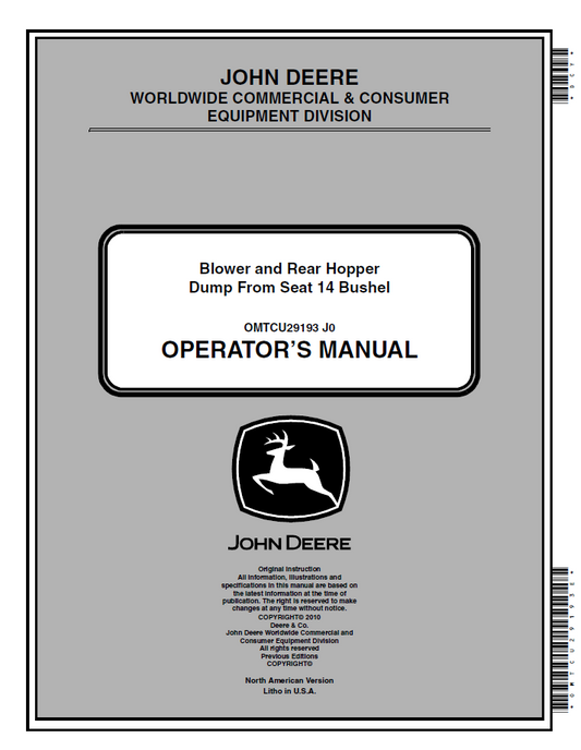 OMTCU29193 John Deere Blower & Rear Hopper Operator Manual 14 Bushel