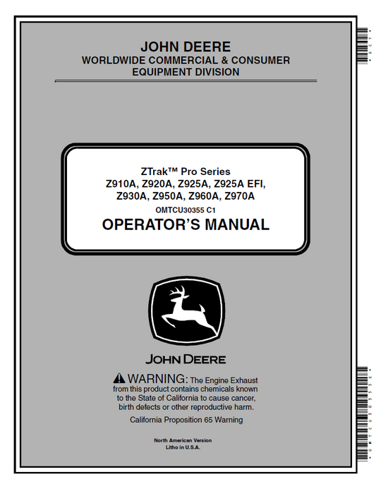 OMTCU30355 John Deere ZTrak Pro Series Z910A-Z970A Operator Manual PDF