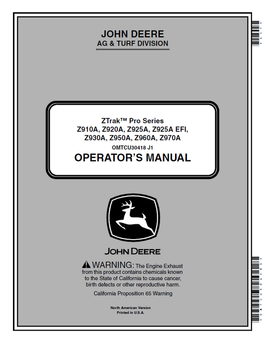 OMTCU30418 John Deere ZTrak Pro Series Operator Manual Z910A-Z970A