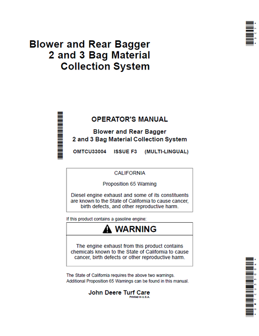 OMTCU33004 - JOHN DEERE BLOWER AND REAR BAGGER 2 AND 3 BAG MATERIAL COLLECTION SYSTEM OPERATOR MANUAL