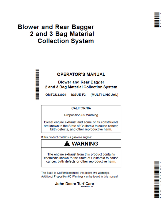 OMTCU33004 John Deere Blower & Rear Bagger Operator Manual Guide