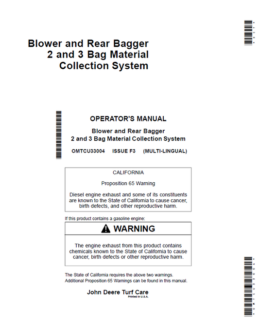 OMTCU33004 John Deere Blower & Rear Bagger 2/3 Bag Operator Manual