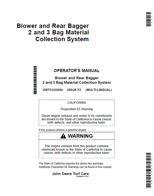 OMTCU33004 John Deere Blower & Rear Bagger 2 and 3 Bag Operator Manual PDFVVV