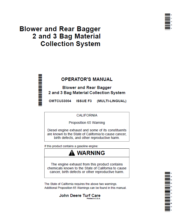 OMTCU33004 John Deere Blower & Rear Bagger Operator Manual Guide