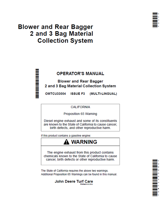 OMTCU33004 John Deere Blower & Rear Bagger Operator Manual Guide
