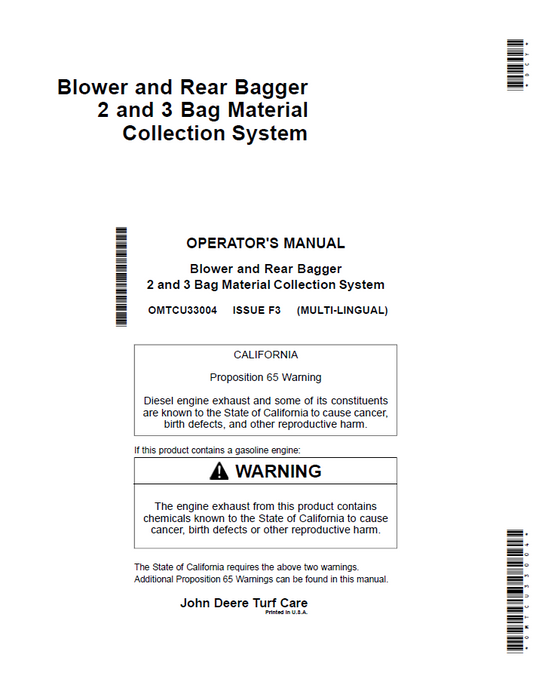 OMTCU33004 John Deere Blower & Rear Bagger Operator Manual PDF Guide