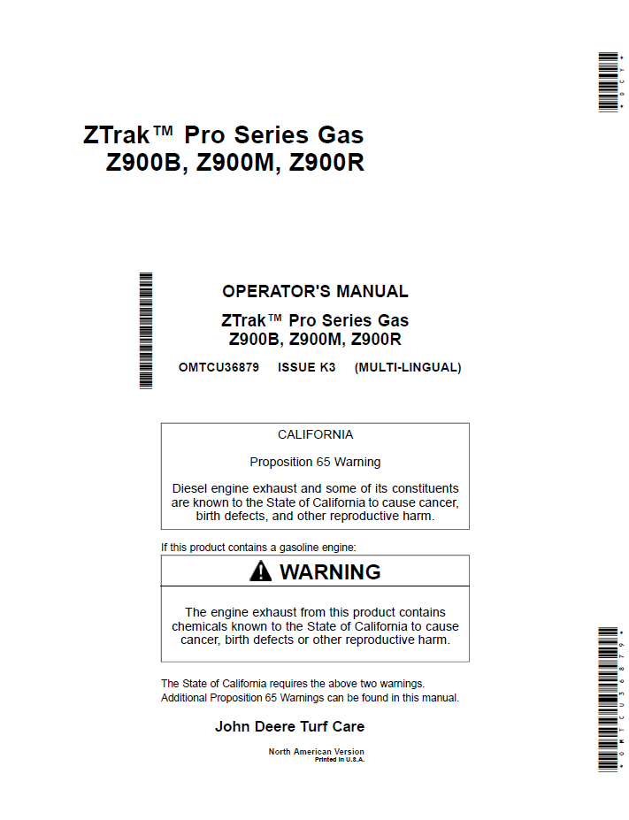 OMTCU36879 John Deere ZTrak Pro Series Z900B-Z900R Operator Manual Guide