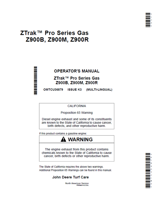 OMTCU36879 John Deere ZTrak Pro Series Z900B-Z900R Operator Manual Guide