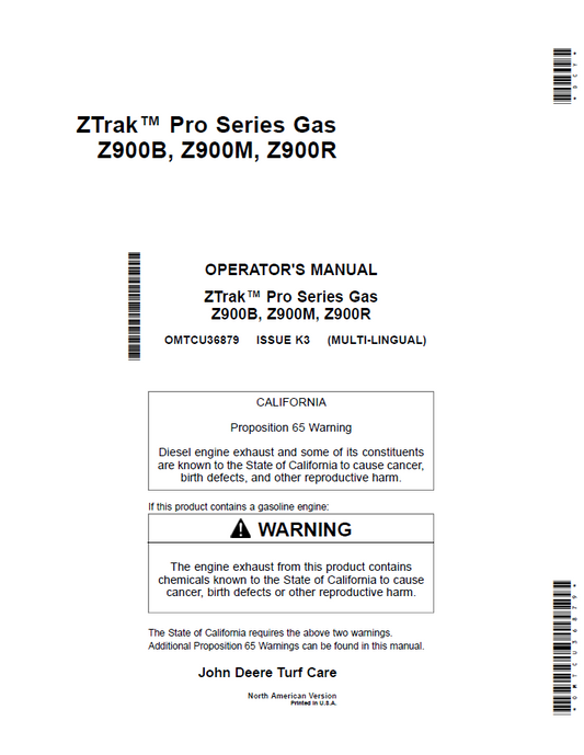 OMTCU36879 John Deere ZTrak Pro Series Z900B Z900M Z900R Manual