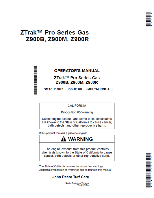 OMTCU36879 John Deere ZTrak Pro Series Z900B/Z900M/Z900R Operator Manual