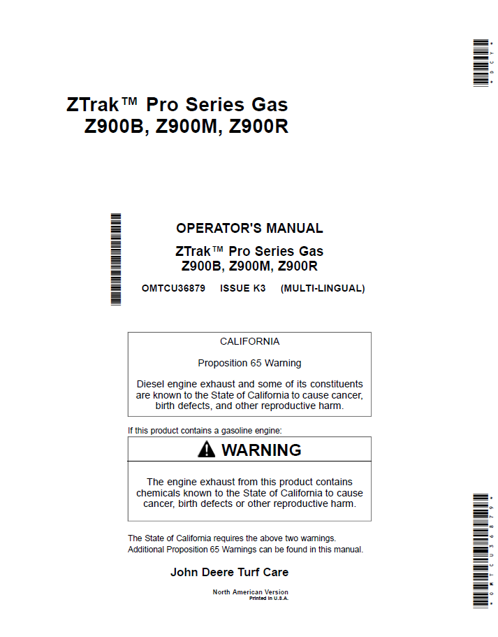 OMTCU36879 John Deere ZTrak Pro Z900 Series Operator Manual PDF Guide