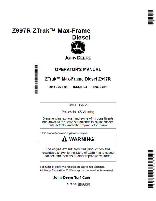 OMTCU39291 John Deere ZTrak Z997R Diesel Operator Manual Guide