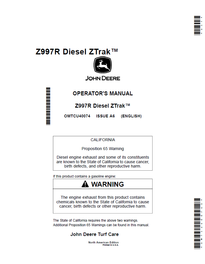 OMTCU40074 - JOHN DEERE Z997R DIESEL ZTRAK™ OPERATOR MANUAL