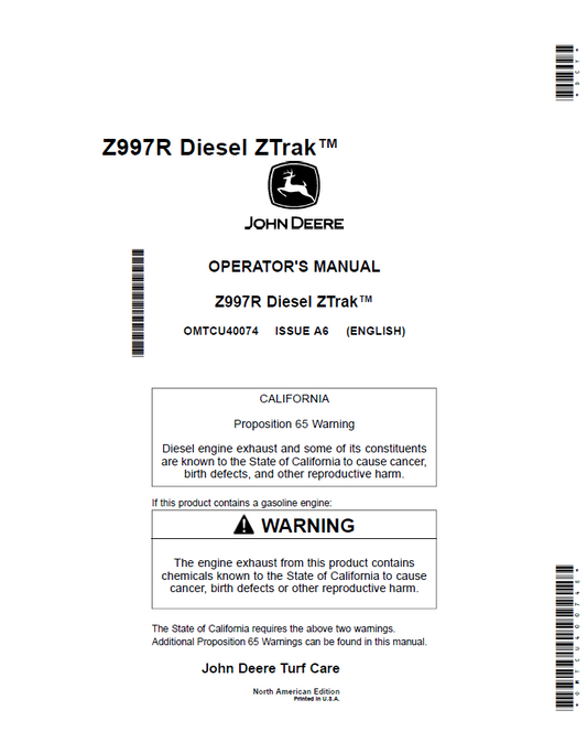 OMTCU40074 - JOHN DEERE Z997R DIESEL ZTRAK™ OPERATOR MANUAL