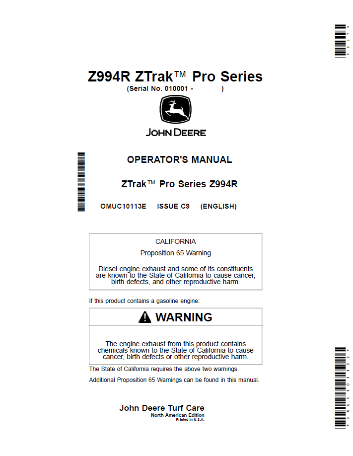 OMUC10113E - JOHN DEERE ZTRAK™ PRO SERIES Z994R OPERATOR MANUAL