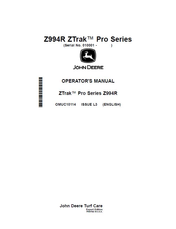 OMUC10114 - JOHN DEERE ZTRAK™ PRO SERIES Z994R OPERATOR MANUALVV
