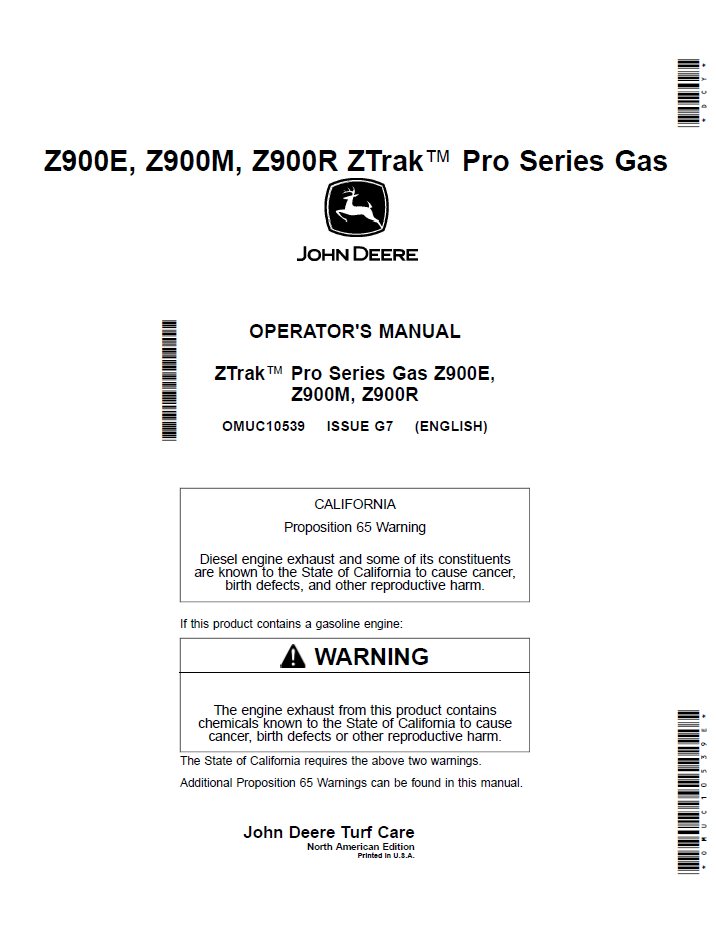 OMUC10539 - JOHN DEERE Z900E, Z900M, Z900R ZTRAK™ PRO SERIES GAS OPERATOR MANUAL