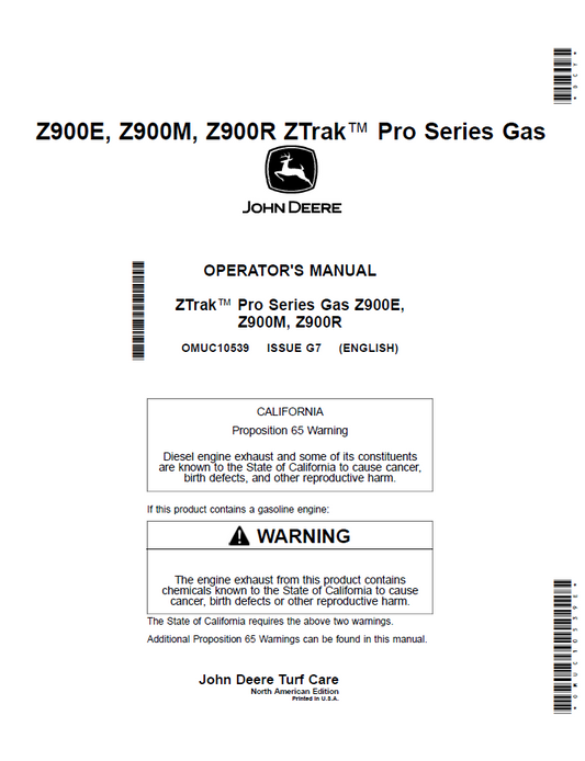 OMUC10539 - JOHN DEERE Z900E, Z900M, Z900R ZTRAK™ PRO SERIES GAS OPERATOR MANUAL