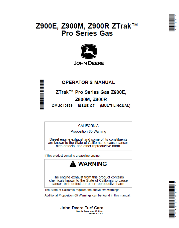 OMUC10539 John Deere Z900E Z900M Z900R ZTrak Pro Gas Manual