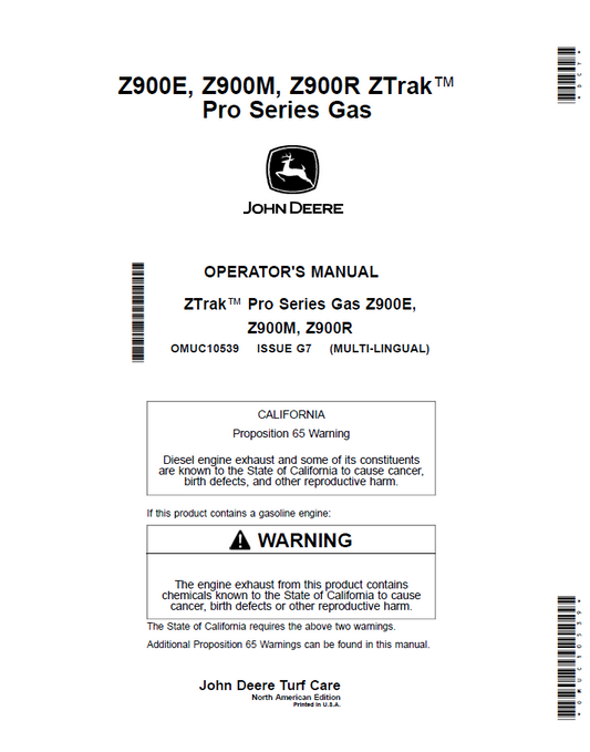 OMUC10539 John Deere Z900E Z900M Z900R ZTrak Pro Gas Manual