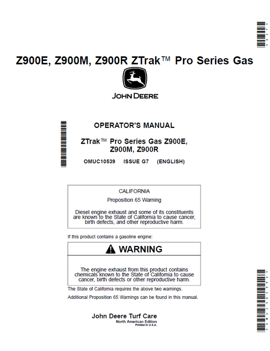OMUC10539 John Deere Z900E Z900M Z900R ZTrak Pro Gas Operator Manual