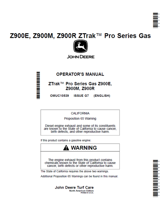 OMUC10539 John Deere Z900E/Z900M/Z900R ZTrak Pro Gas Operator Manual PDF