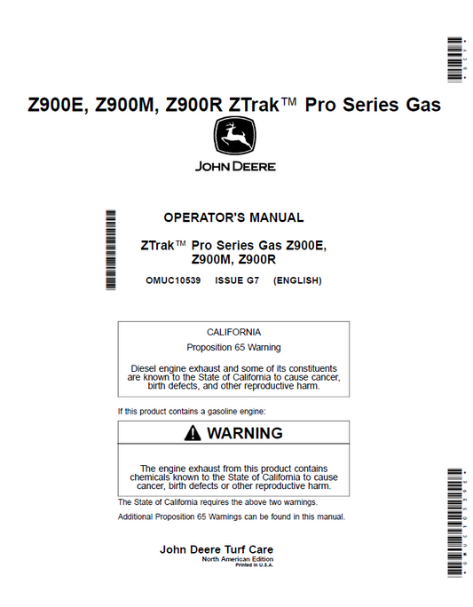 OMUC10539 John Deere Z900E, Z900M & Z900R ZTrak Pro Series Operator Manual