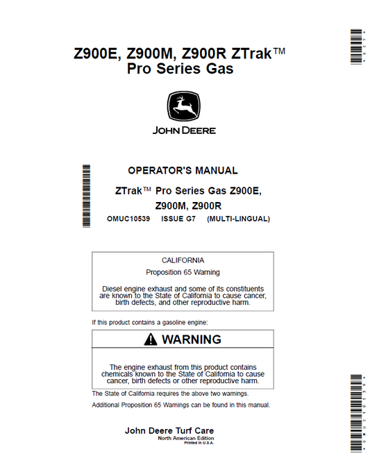 OMUC10539 John Deere Z900E, Z900M & Z900R ZTrak Pro Series Operator Manual