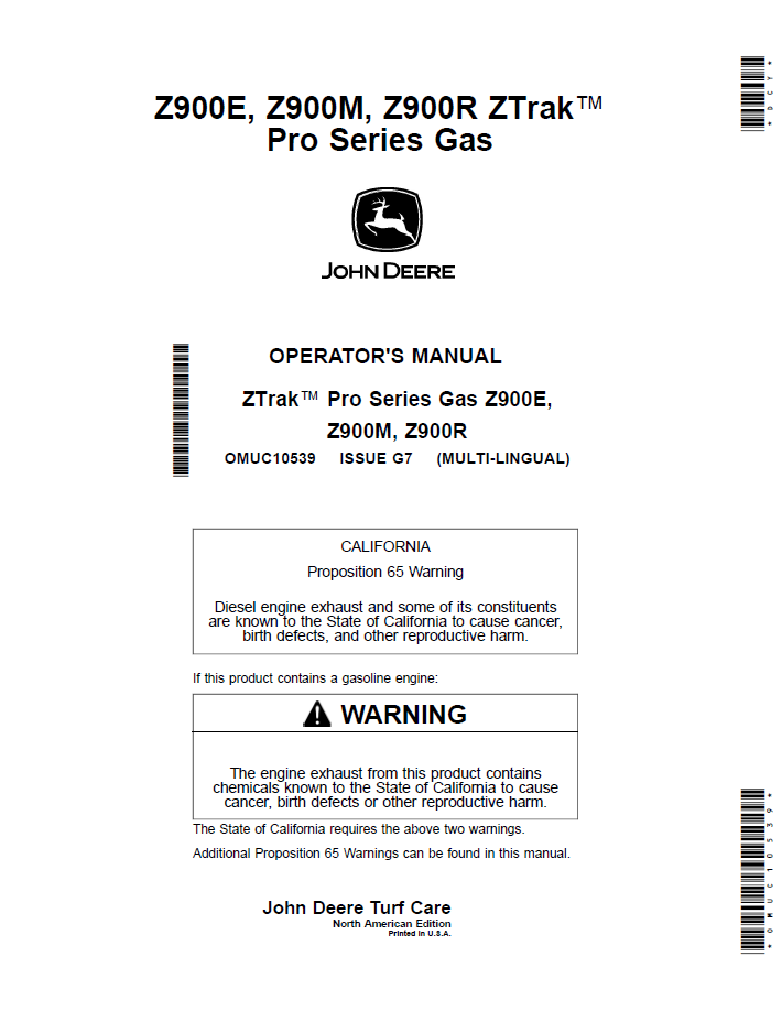 OMUC10539 John Deere Z900 ZTrak Pro Series Gas Operator Manual PDF