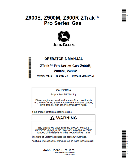 OMUC10539 John Deere Z900 ZTrak Pro Series Gas Operator Manual PDF
