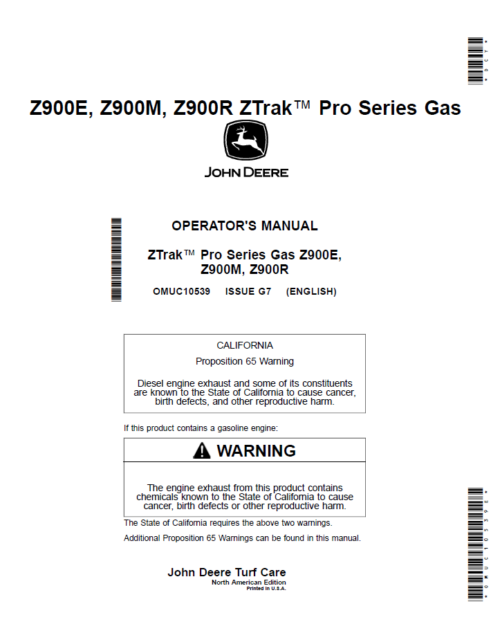 OMUC10539 John Deere Z900 ZTrak Pro Series Gas Operator Manual Guide