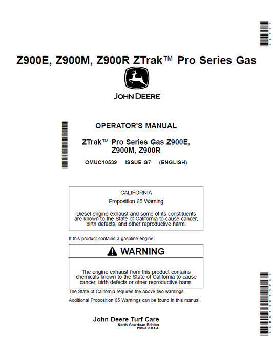 OMUC10539 John Deere Z900 ZTrak Pro Series Gas Operator Manual Guide