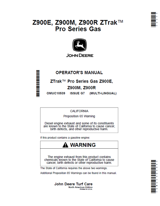 OMUC10539 John Deere Z900 ZTrak Pro Series Gas Operator Manual Guide