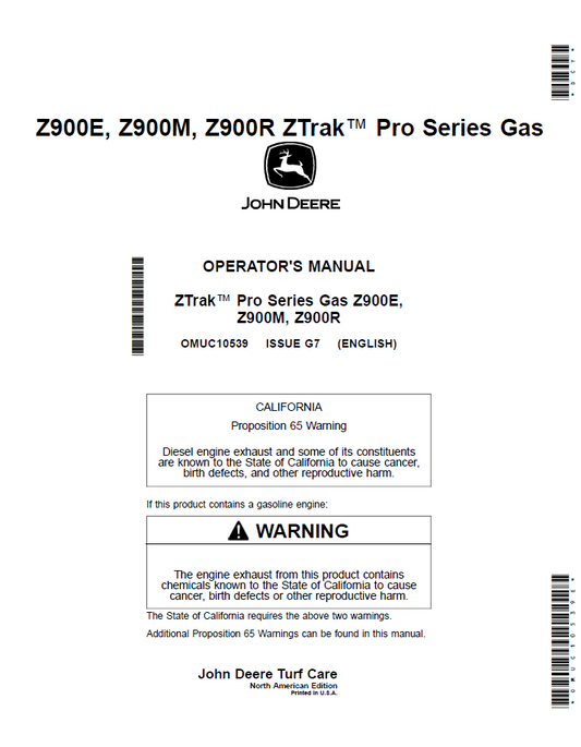 OMUC10539 John Deere ZTrak Pro Series Gas Z900E Z900M Z900R Operator Manual PDF