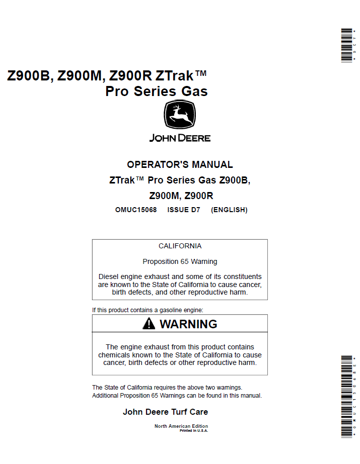 OMUC15068 John Deere Z900B/Z900M/Z900R ZTrak Pro Series Operator Manual