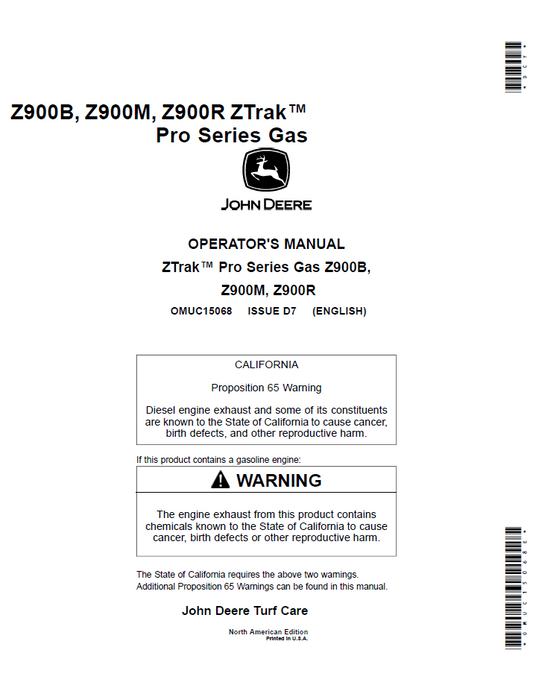 OMUC15068 John Deere Z900B/Z900M/Z900R ZTrak Pro Series Operator Manual